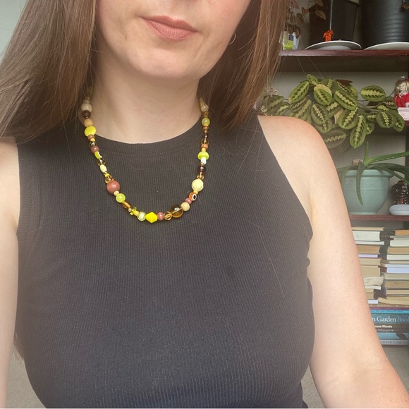 Amber Waves Brown & Yellow Beaded Necklace Mixed Beads Evil Eye Wood Glass Gold - Picture 8 of 9